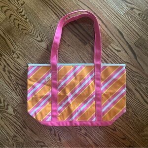 Bath and Body Works diagonal striped tote snap close orange pink white NWT